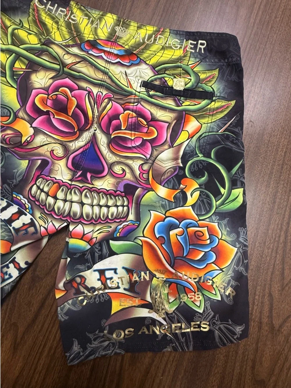 Christian Audigier Ed Hardy Board Shorts with Multicolor Graphics Y2K